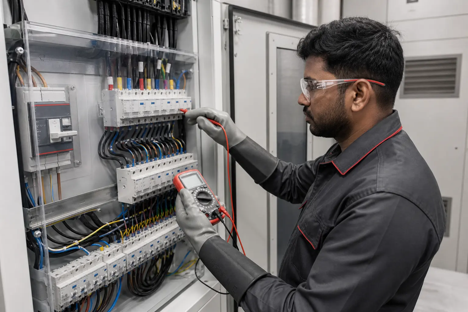 MaintX electrician testing circuits inside a distribution panel