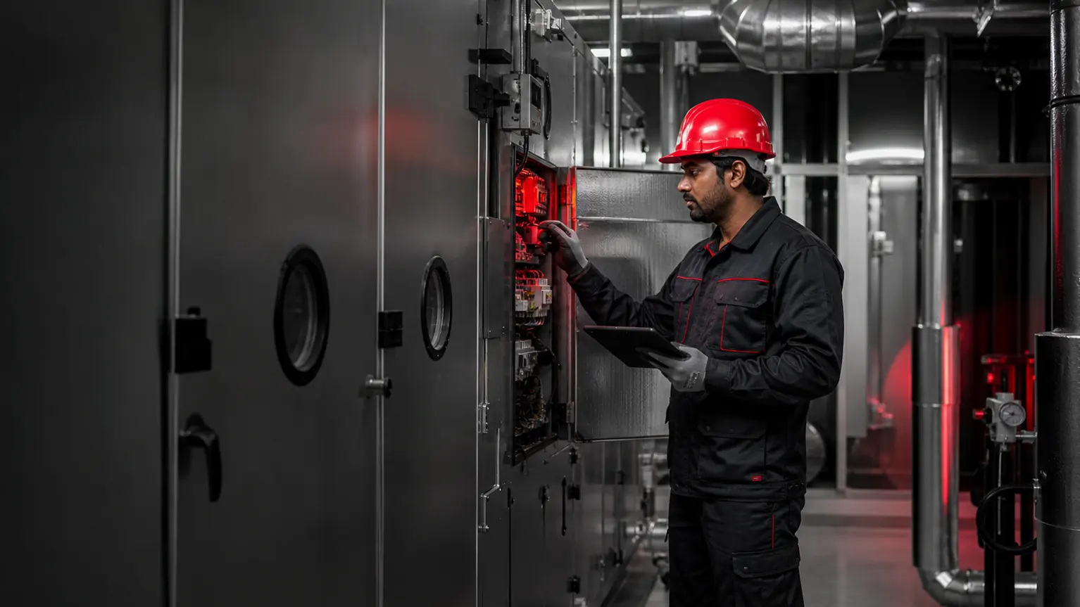 MaintX engineer inspecting a commercial plant-room control panel