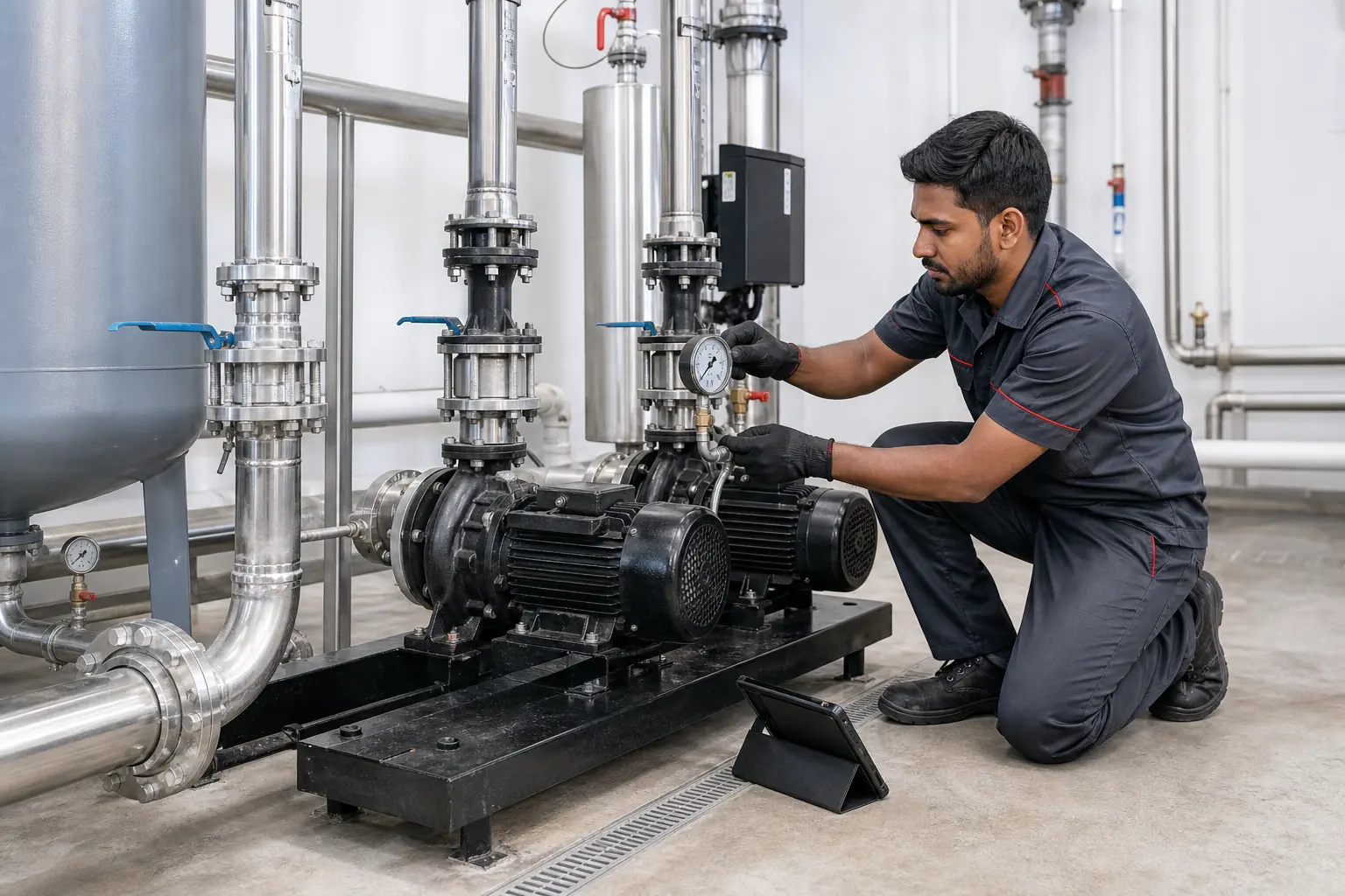 MaintX engineer working on a commercial booster-pump installation